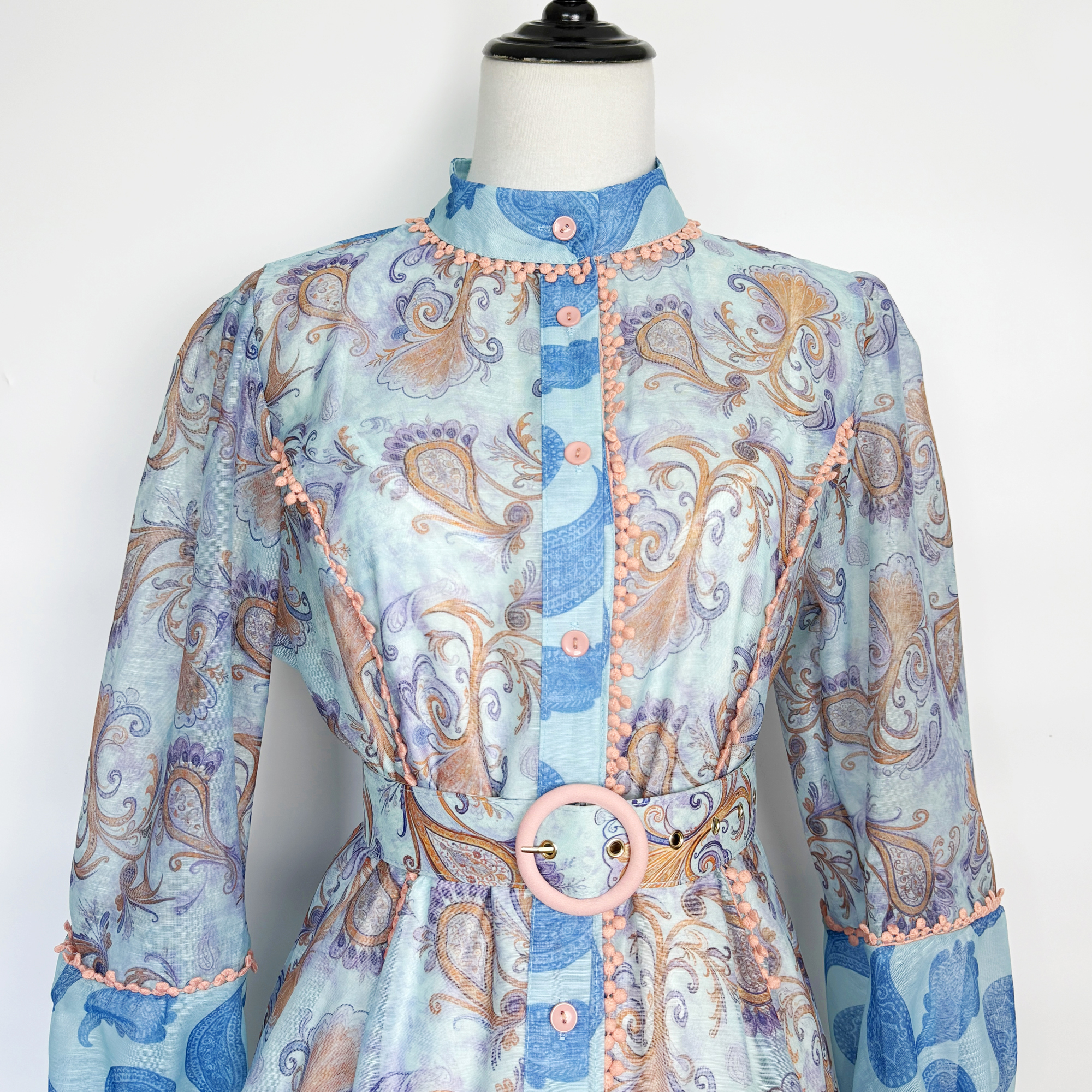 Real shot Australian new lantern sleeve single breasted retro printed lace patchwork contrasting dress short skirt+belt Real shot Australian new lantern sleeve single breasted retro printed lace patchwork contrasting dress short skirt+belt