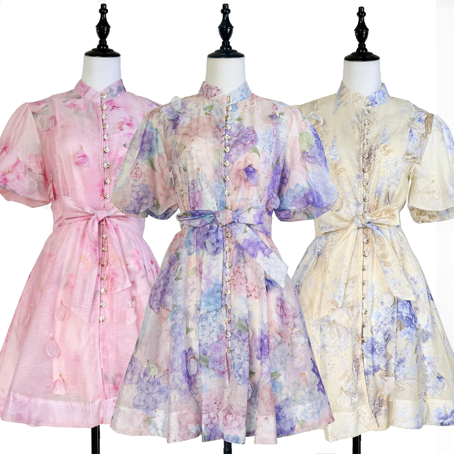 Real shot Australian summer new retro printed heavy flower pendant waist cinching lace up dress short skirt