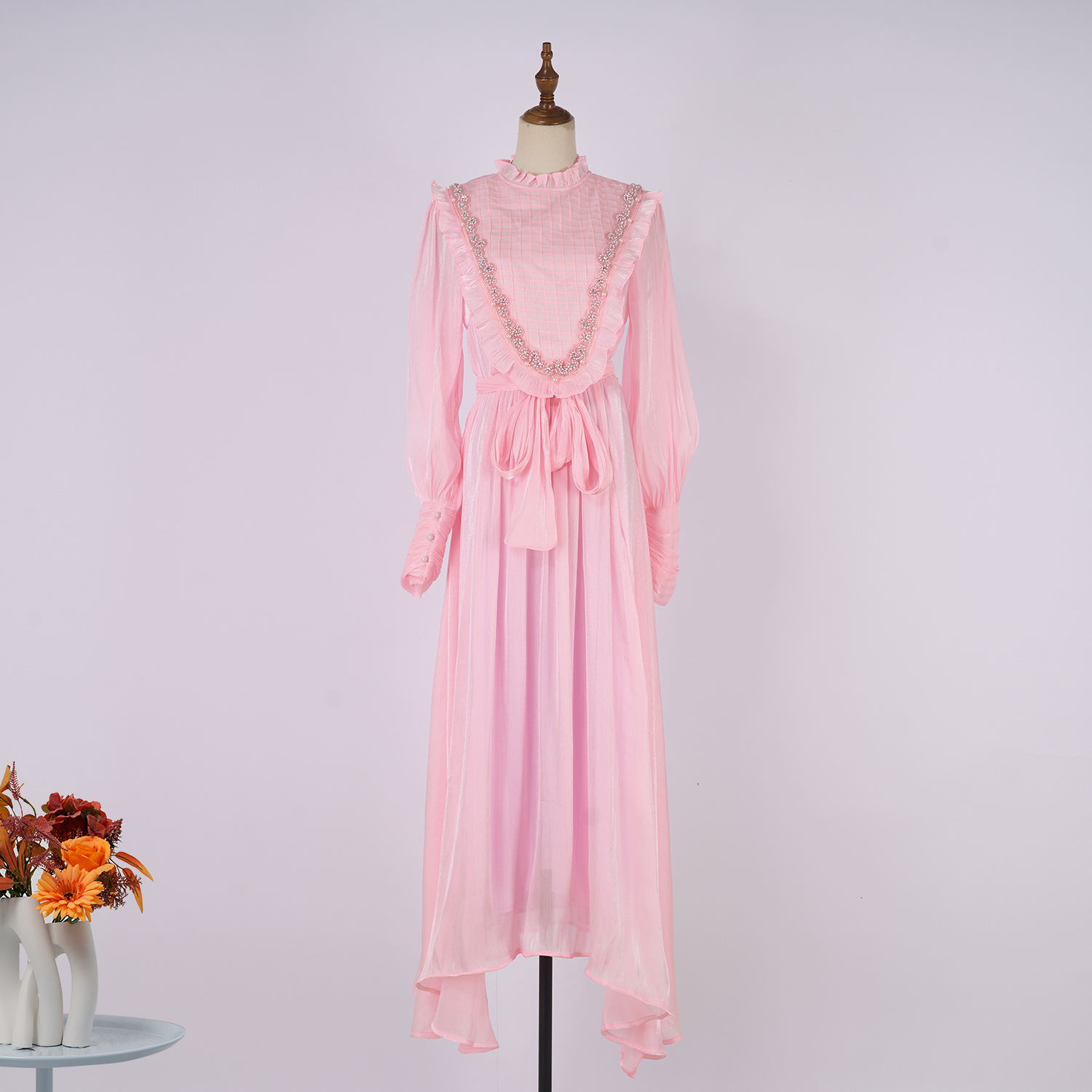 Real shot vintage lace patchwork pure white embroidered stand up collar lantern sleeve dress with large swing long skirt