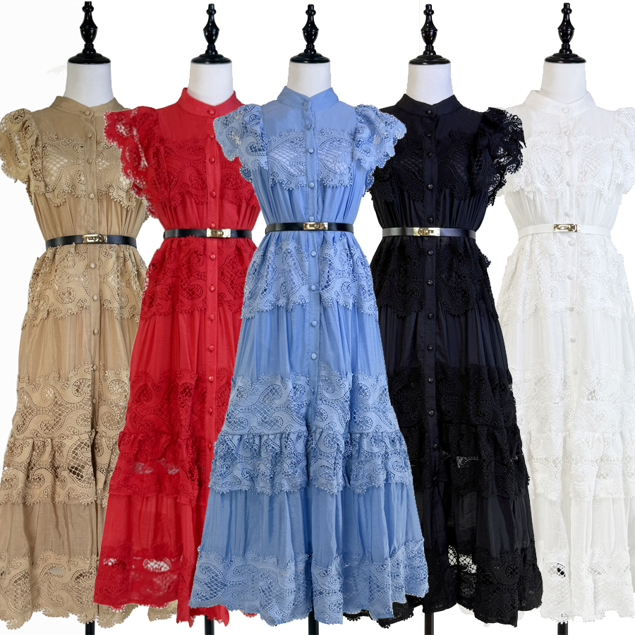 Real shot of European and American fashion heavy industry embroidery lace lace stitching flying sleeves mid length dress+belt