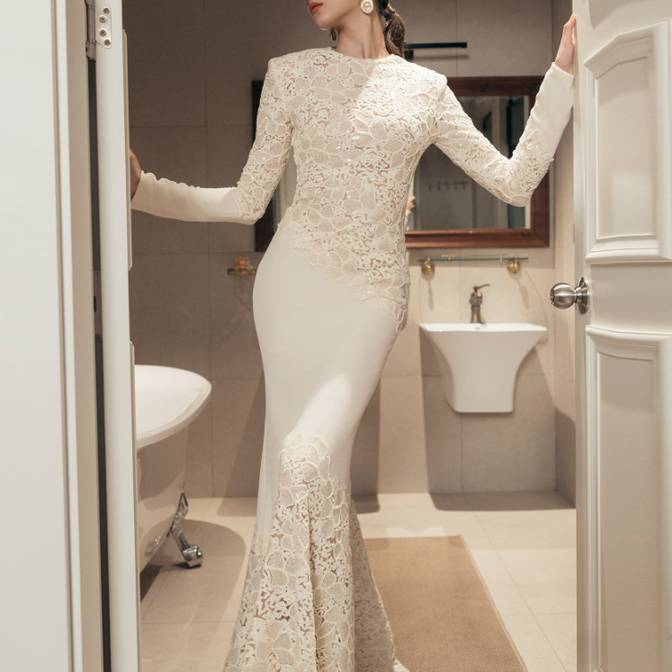 Retro elegant style slim fit fish tail long skirt 2025 new lace embroidery design long dress for women summer