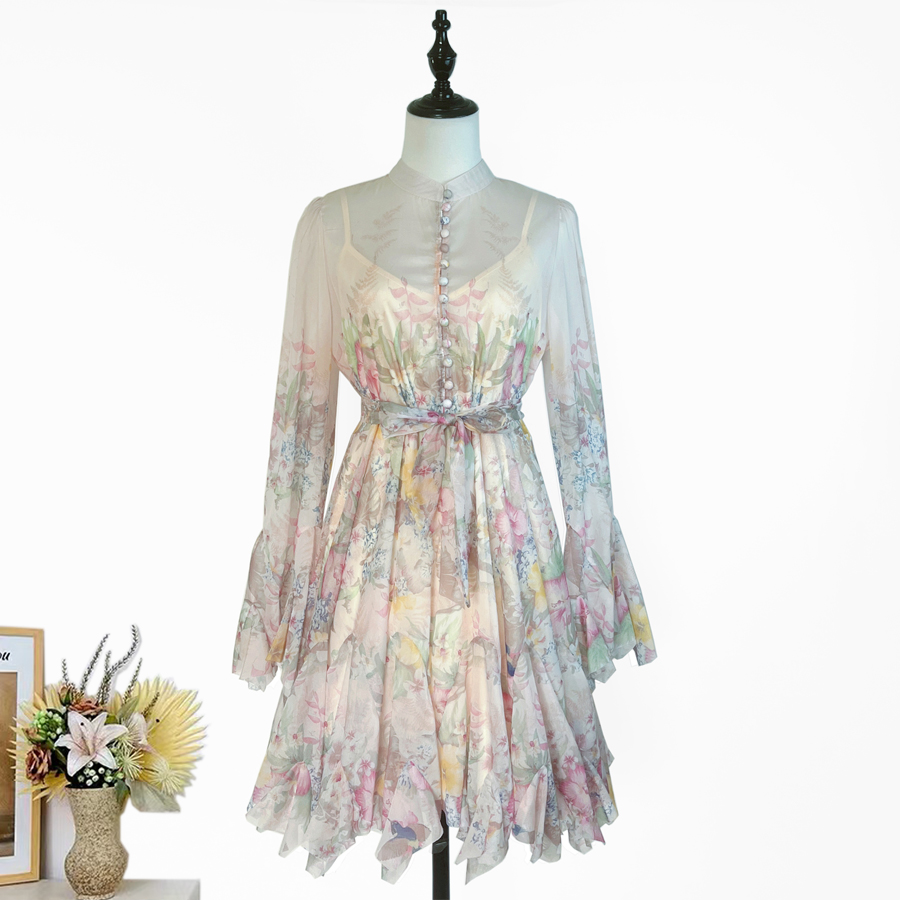 Real shot of Vietnam's niche design, printed single breasted petal long sleeved waist cinching beautiful dress, short skirt for women