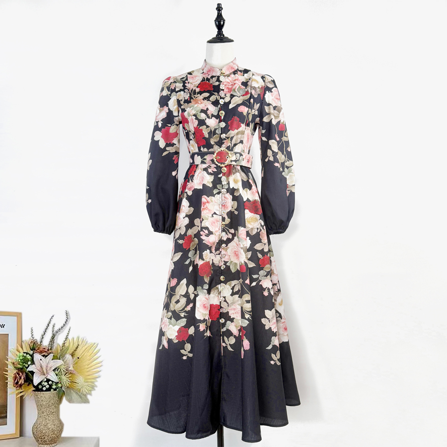 Realistic Spring and Autumn Retro Palace Style Long sleeved Stand up Collar, Waist cinching for slimming, Single breasted Printed Large Swing Dress