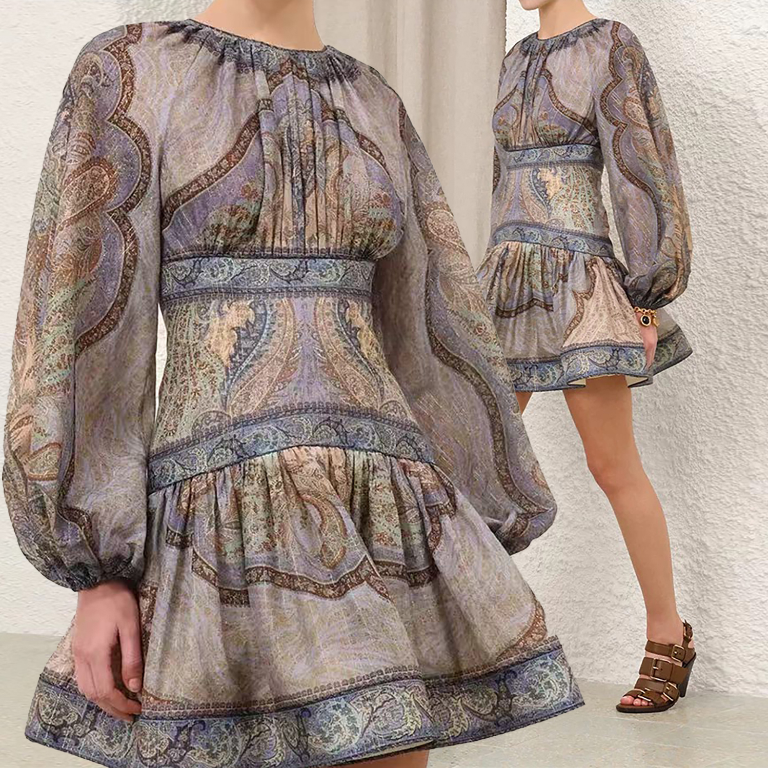 2026 Holiday Swimsuit New Brocade Pattern Blue Mini Dress