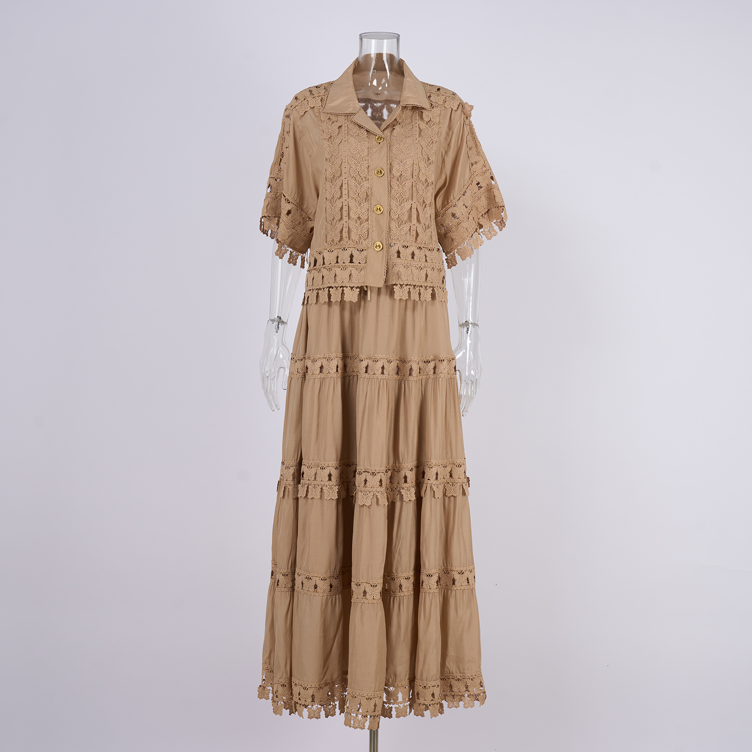 Real shot French retro summer new style lapel embroidered lace long shirt+skirt set for women Real shot French retro summer new style lapel embroidered lace long shirt+skirt set for women