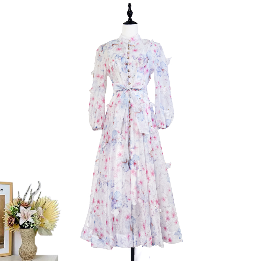 Real shot of European and American retro printed single breasted three-dimensional flower long dress, elegant party dress, long skirt Real shot of European and American retro printed single breasted three-dimensional flower long dress, elegant party dress, long skirt
