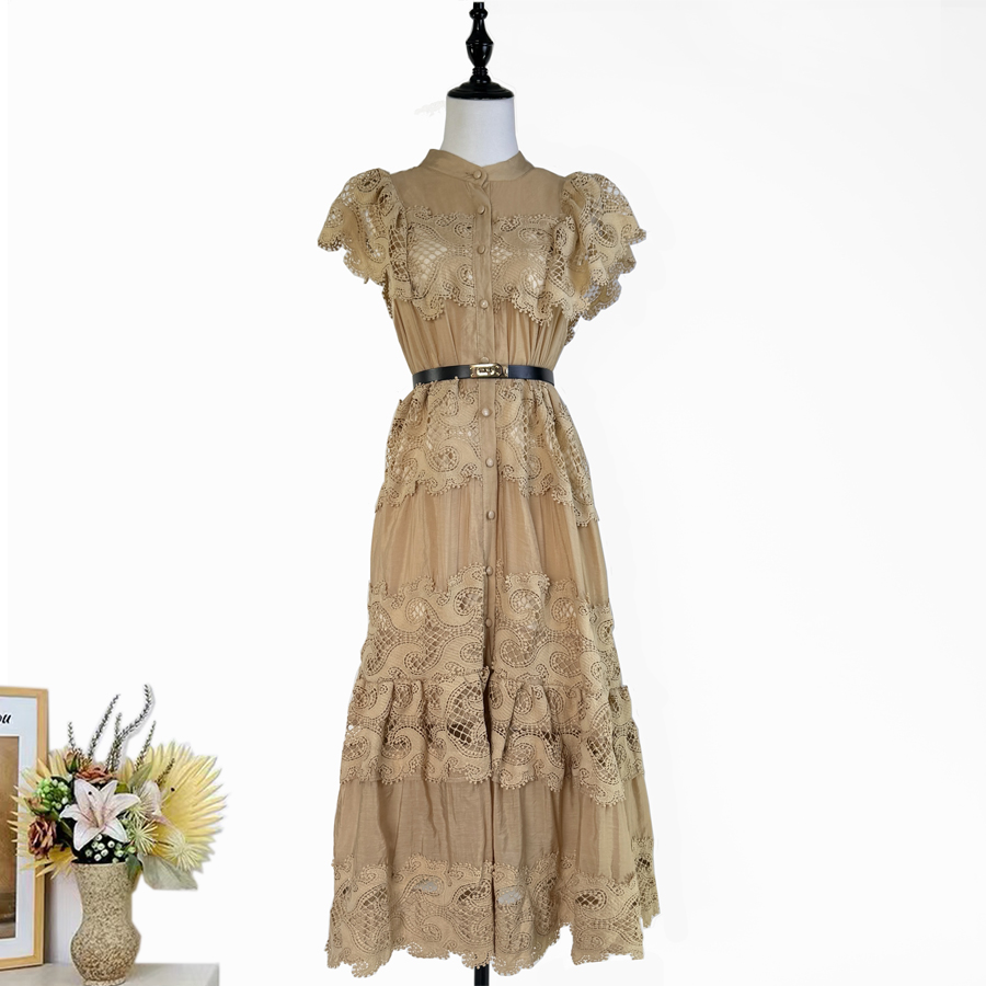 Real shot of European and American fashion heavy industry embroidery lace lace stitching flying sleeves mid length dress+belt Real shot of European and American fashion heavy industry embroidery lace lace stitching flying sleeves mid length dress+belt