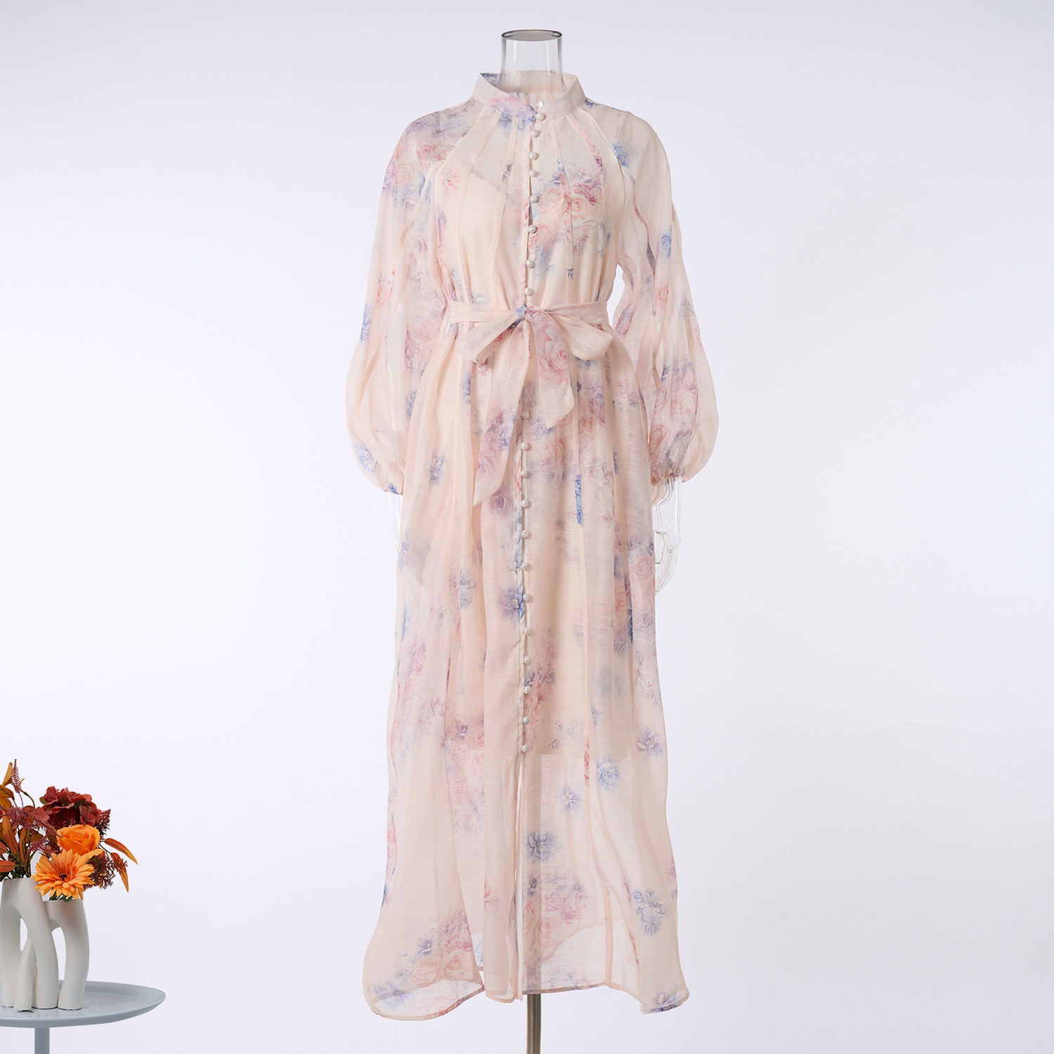 New Fashionable Light Luxury Buckle Printed Shoulder Slip Long Sleeve Long Dress Round Neck Slimming Two Piece Set