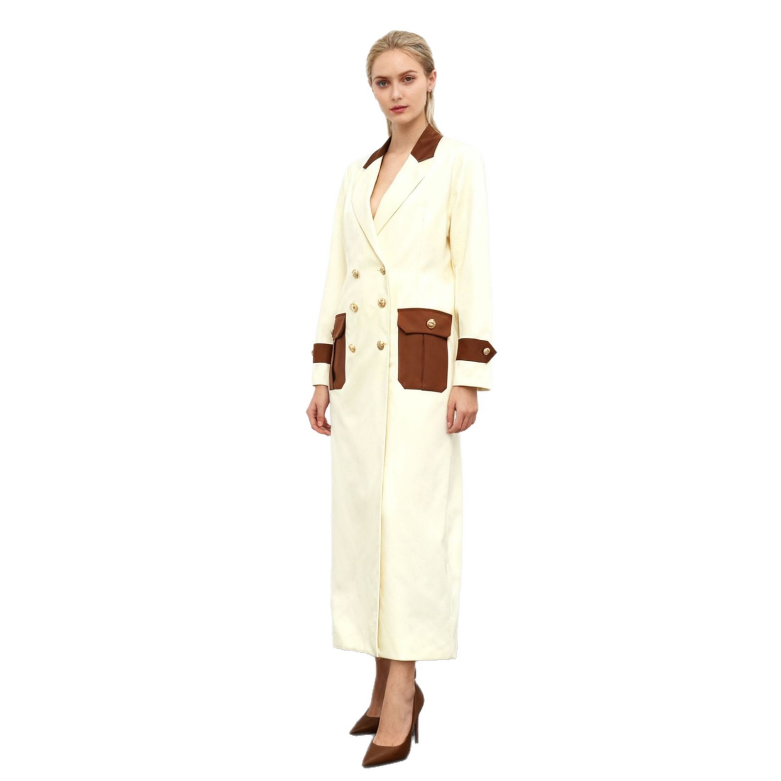 European and American fashion brand high-end coat women's 2025 autumn and winter new item, lapel contrasting long sleeved three-dimensional cutting trench coat jacket European and American fashion brand high-end coat women's 2025 autumn and winter new item, lapel contrasting long sleeved three-dimensional cutting trench coat jacket