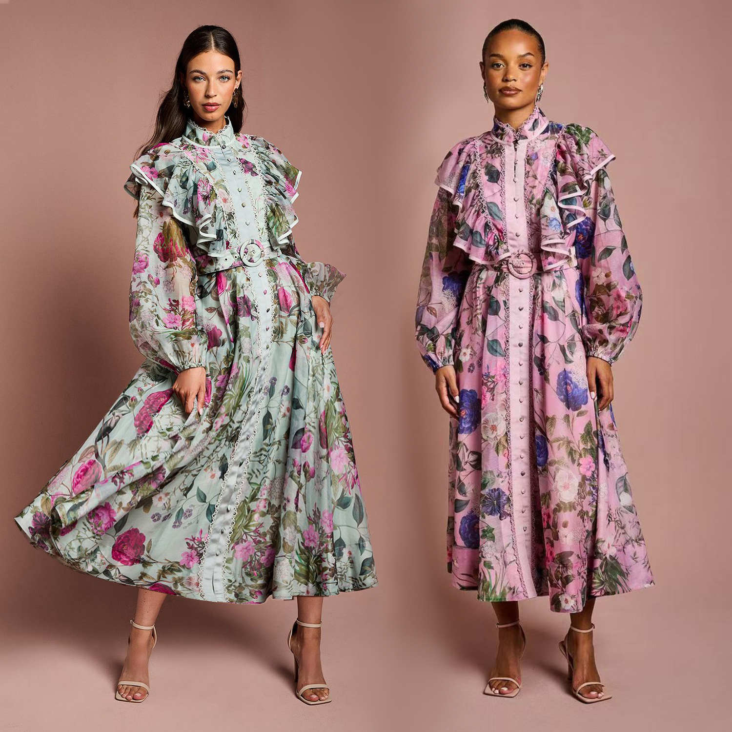 New floral ruffle edge long skirt 2025 autumn retro countryside style waist cinched buckle dress irregular skirt