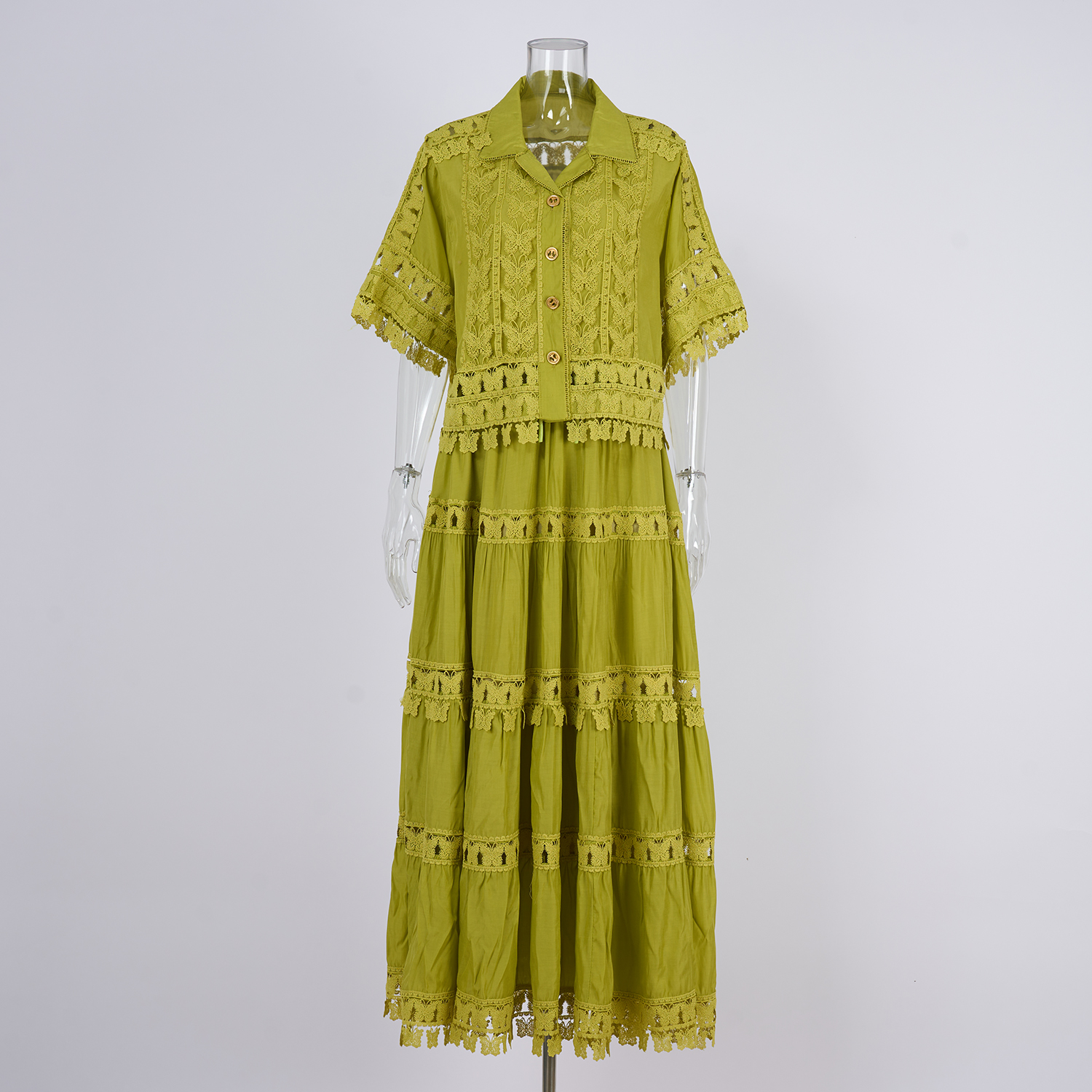 Real shot French retro summer new style lapel embroidered lace long shirt+skirt set for women Real shot French retro summer new style lapel embroidered lace long shirt+skirt set for women