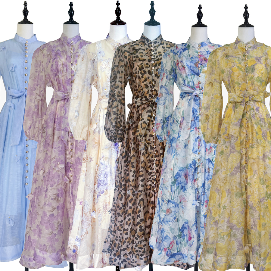 Real shot of Australian new printed three-dimensional flower single breasted lantern sleeve large swing dress long party dress