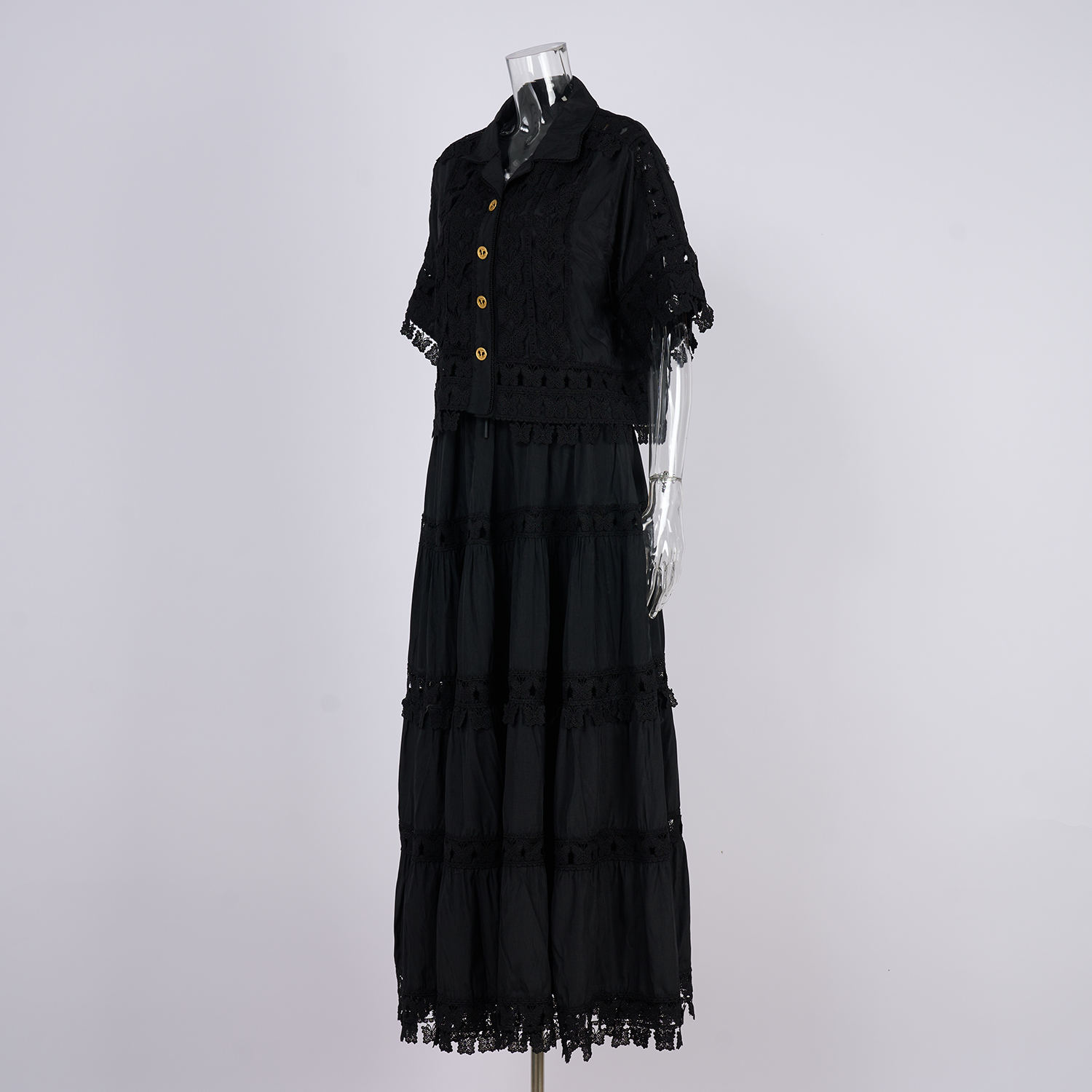 Real shot French retro summer new style lapel embroidered lace long shirt+skirt set for women Real shot French retro summer new style lapel embroidered lace long shirt+skirt set for women