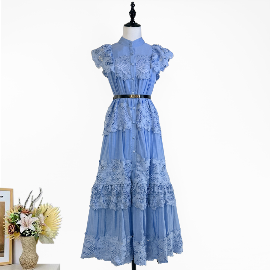 Real shot of European and American fashion heavy industry embroidery lace lace stitching flying sleeves mid length dress+belt Real shot of European and American fashion heavy industry embroidery lace lace stitching flying sleeves mid length dress+belt