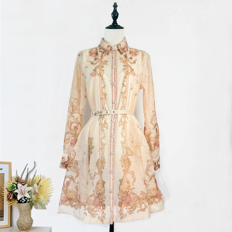 Real time shooting of Australian niche early autumn new retro map print collar long sleeved waist cinched shirt dress short skirt Real time shooting of Australian niche early autumn new retro map print collar long sleeved waist cinched shirt dress short skirt