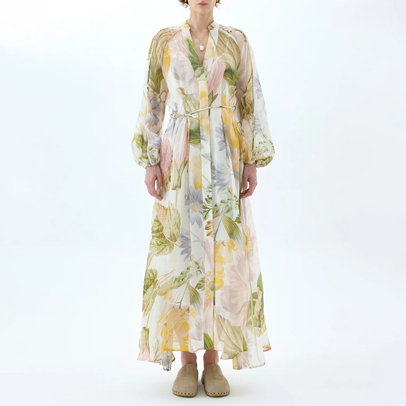 Fresh and Sweet Wind Printed Dress 2025 New Fashionable Small V-neck Bubble Sleeves Large Skirt Long Dress