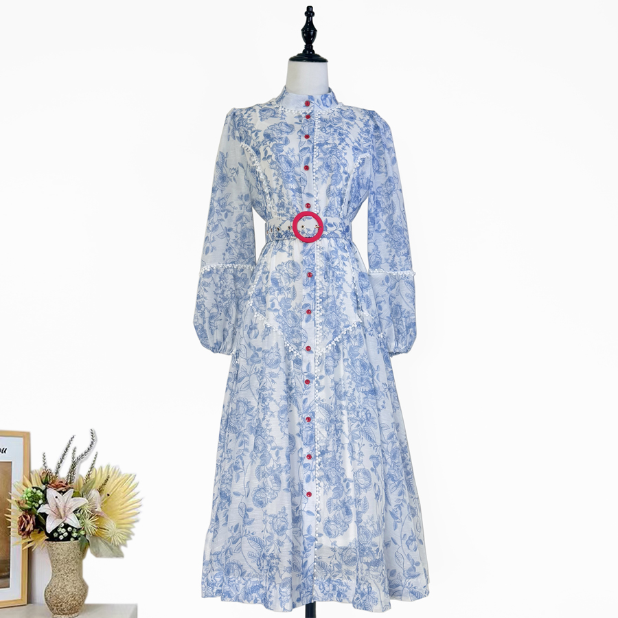 Real shot Australian retro cashew flower contrasting fashion single breasted lace patchwork stand up collar lantern sleeve dress medium length Real shot Australian retro cashew flower contrasting fashion single breasted lace patchwork stand up collar lantern sleeve dress medium length