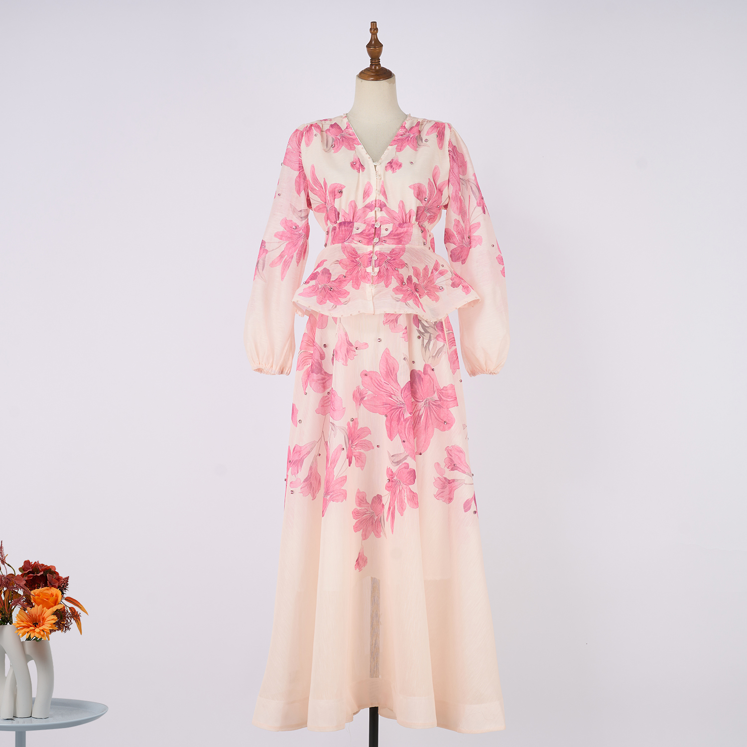 Real shooting of 2025 vacation style new Tencel hemp stand collar patterned button design long suit dress