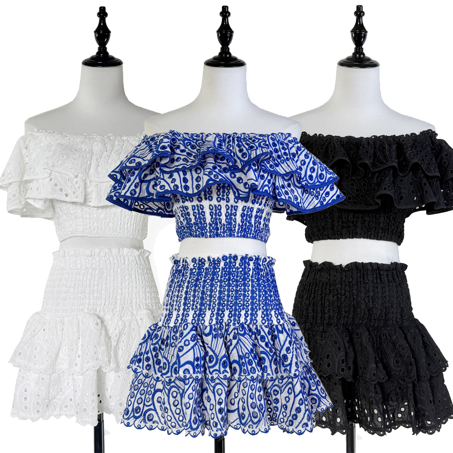 Real shot Heavy Industry Embroidered Hollow One Word Neck Short Top+Elastic Hip Wrapping Cake Skirt Fashion Set Summer