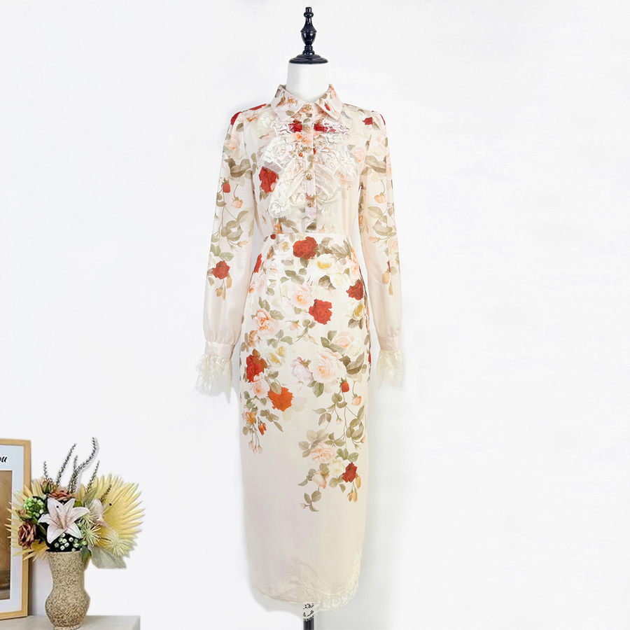 Realistic shooting of high-end Australian niche retro printed lapel lace patchwork shirt+pencil skirt set