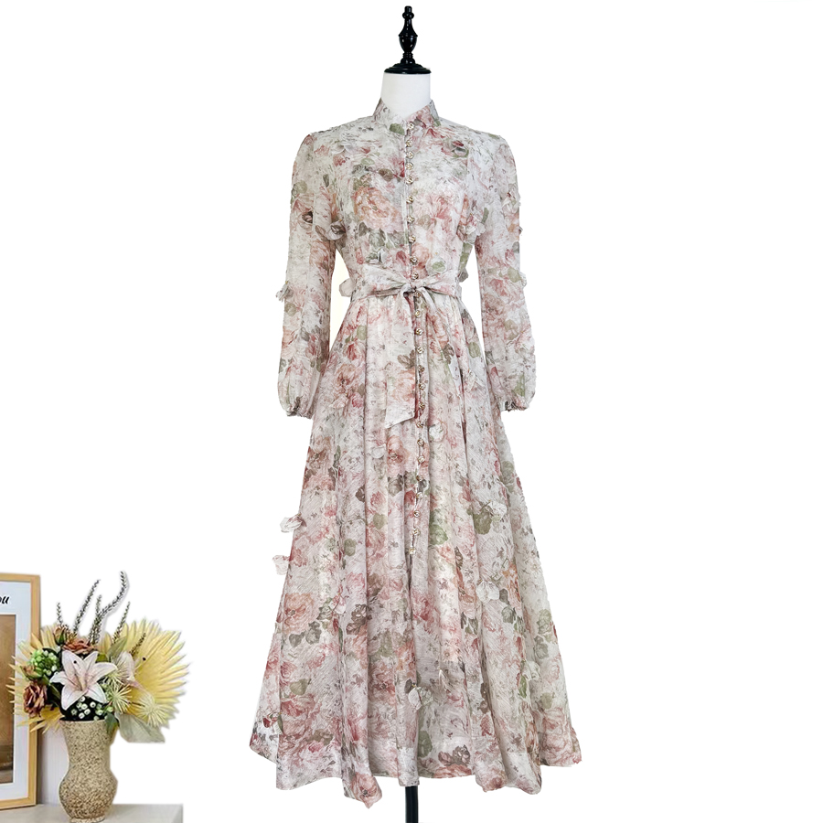 Real shot of European and American retro printed single breasted three-dimensional flower long dress, elegant party dress, long skirt Real shot of European and American retro printed single breasted three-dimensional flower long dress, elegant party dress, long skirt
