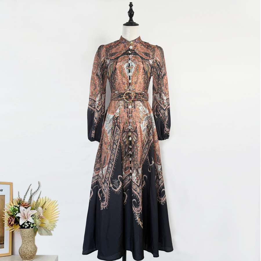 Real time shooting of European and American light luxury retro positioning print stand collar lantern sleeves cinched waist slimming dress mid length skirt