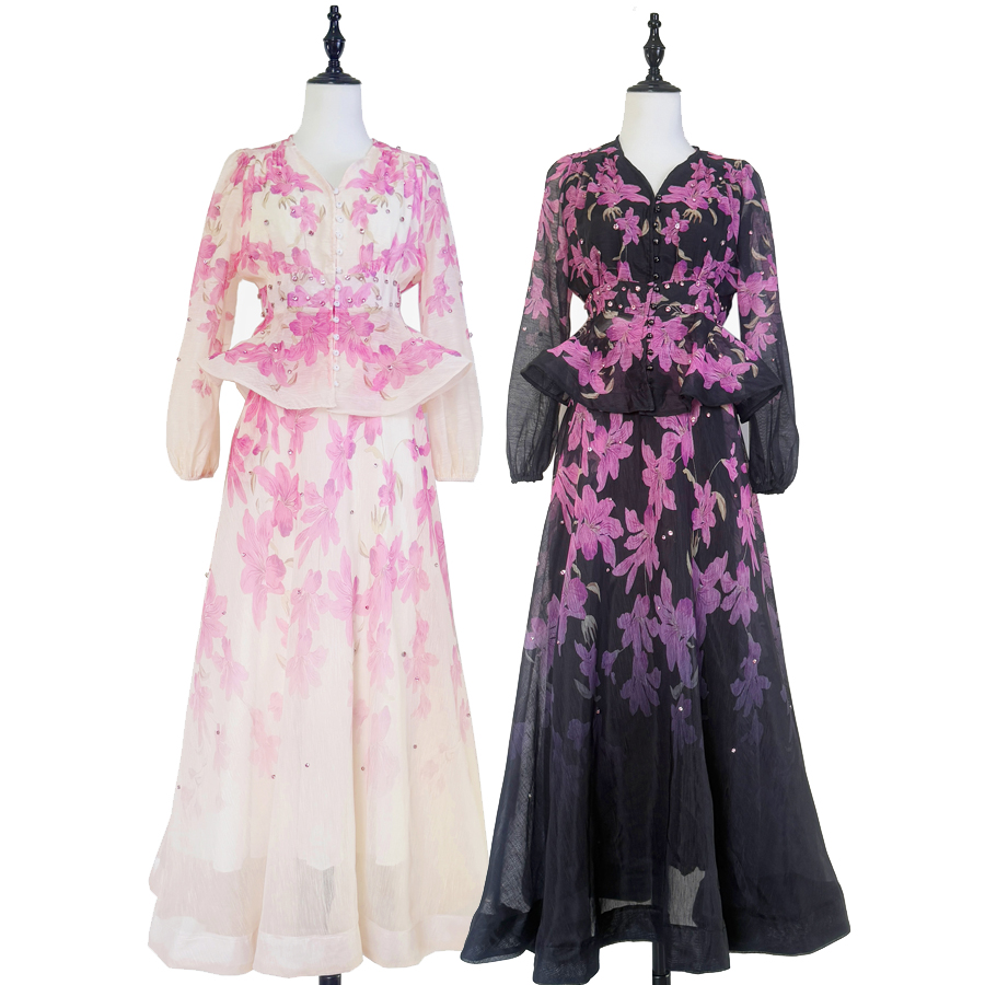 Real shot of European and American French elegant two-piece set, sparkling heavy industry nail bead ruffle edge shirt, high waist and large swing long skirt