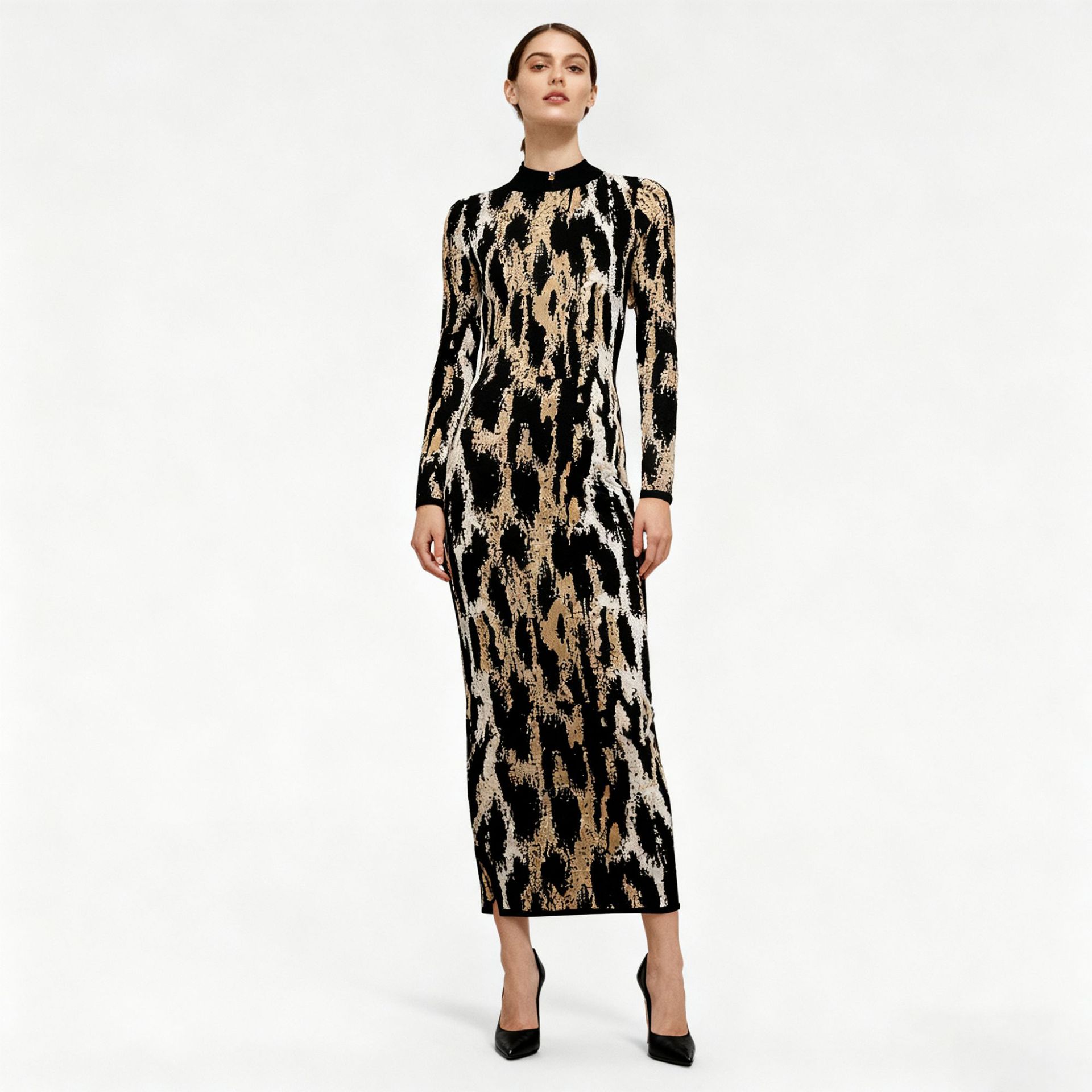European and American cross-border temperament long dress 2025 autumn and winter new retro leopard print round neck long sleeved slim fit long skirt