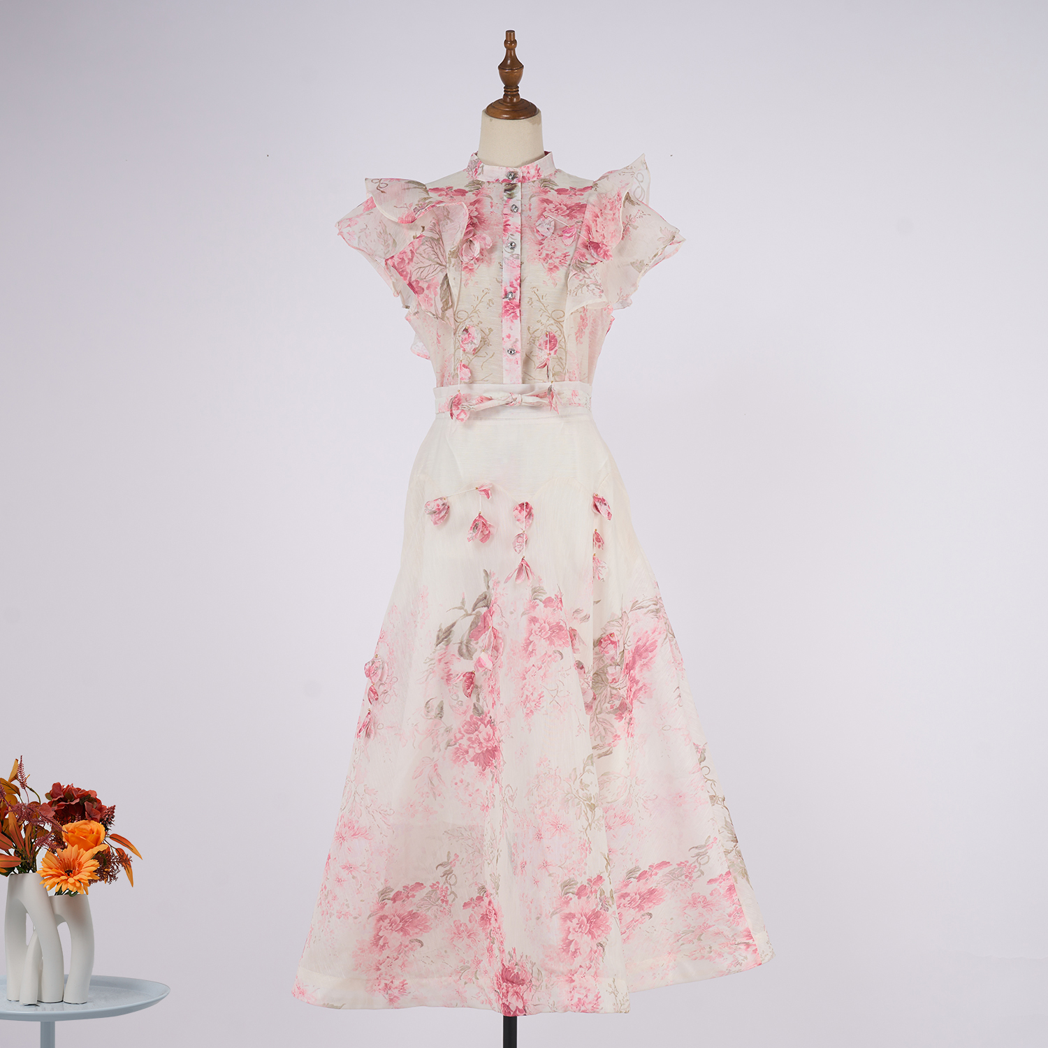 Real shot Australian new palace style stand up collar ruffle diamond button sleeveless wide swing dress set