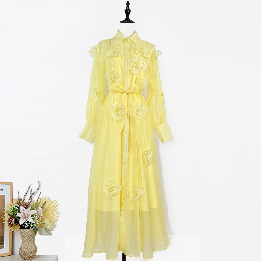 Real shot 5-color French high-end heavy industry nail bead three-dimensional flower long sleeved dress with straps, single breasted long skirt