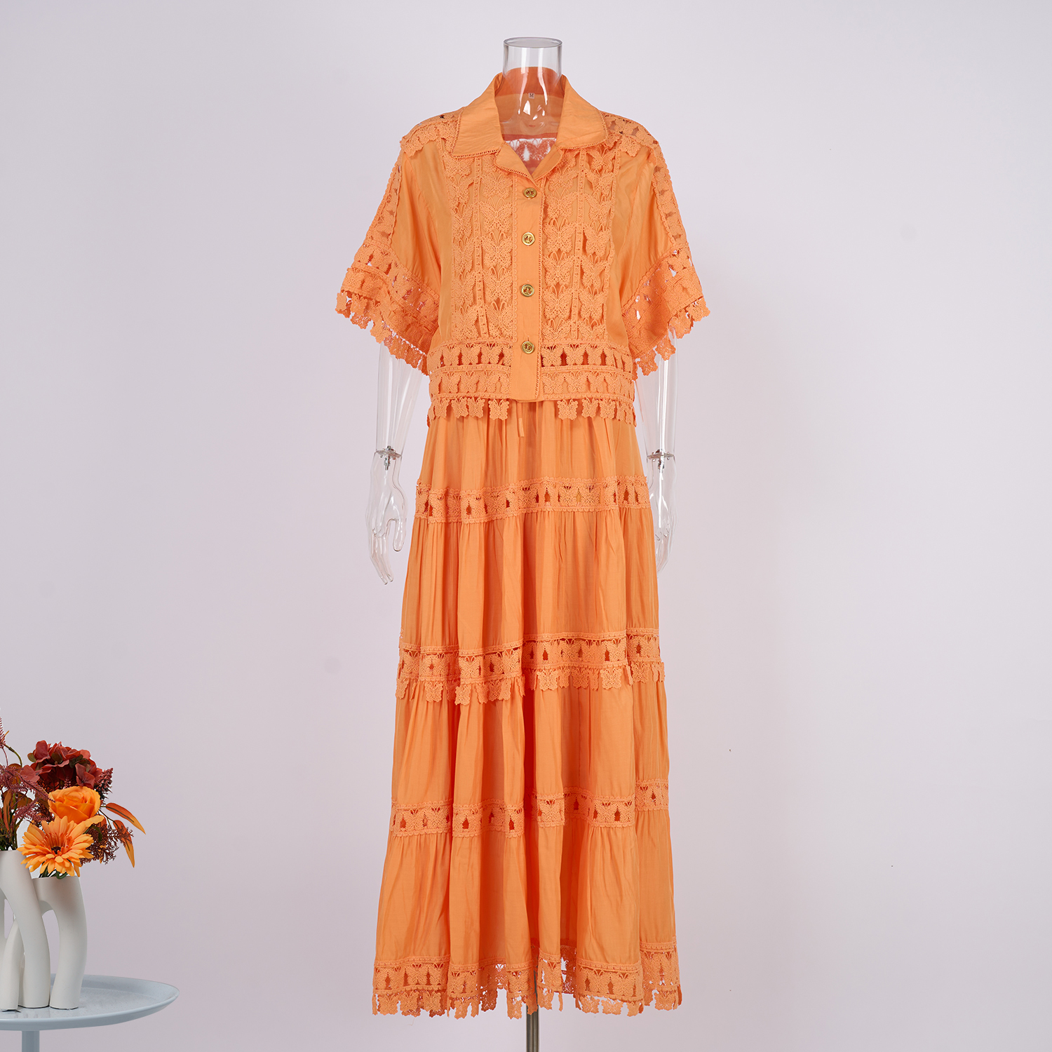 Real shot French retro summer new style lapel embroidered lace long shirt+skirt set for women