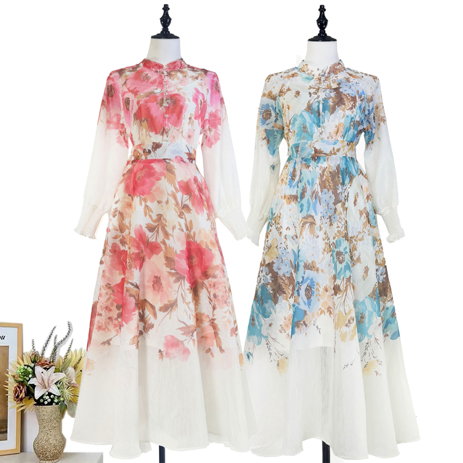 Real time shooting of European and American autumn and winter new retro printed single breasted shirt+high waist and large swing half body long skirt set