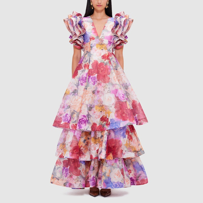 European and American socialite heavy industry V-neck dress cake skirt 2025 new design sense printed lotus leaf sleeve long dress