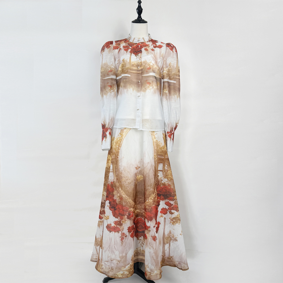 Real shot of Australia's new retro oil painting printed bubble sleeve shirt+semi elastic waist oversized skirt set skirt length Real shot of Australia's new retro oil painting printed bubble sleeve shirt+semi elastic waist oversized skirt set skirt length