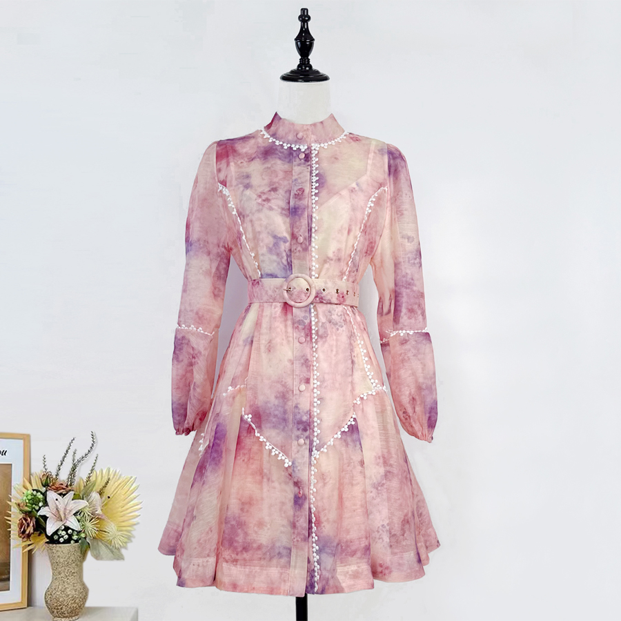 Realistic Australian Elegant Design Lace Bordered Printed Buckle Lantern Long Sleeve Loose Temperament Dress Autumn