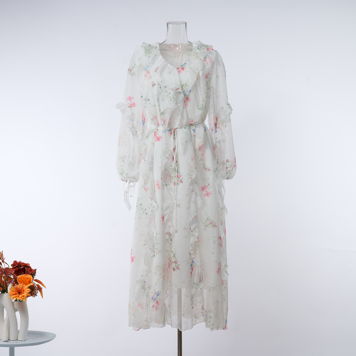 Real shot French romantic blend print seaside vacation V-neck big swing super fairy long dress