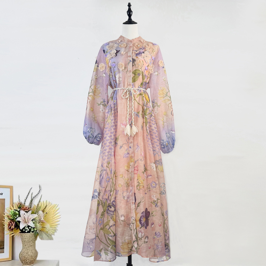 Realistic shooting of autumn new style artistic vacation style big swing long dress slimming retro floral V-neck lace up dress