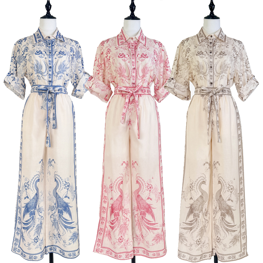 Real shooting of autumn new Australian niche printed collar and sleeve shirt+wide leg pants set with two pieces of pants