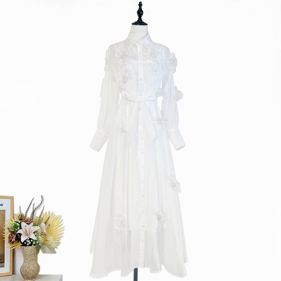 Real shot French lapel nail bead embroidery decal dress temperament long sleeved waist cinching lace up dress long skirt