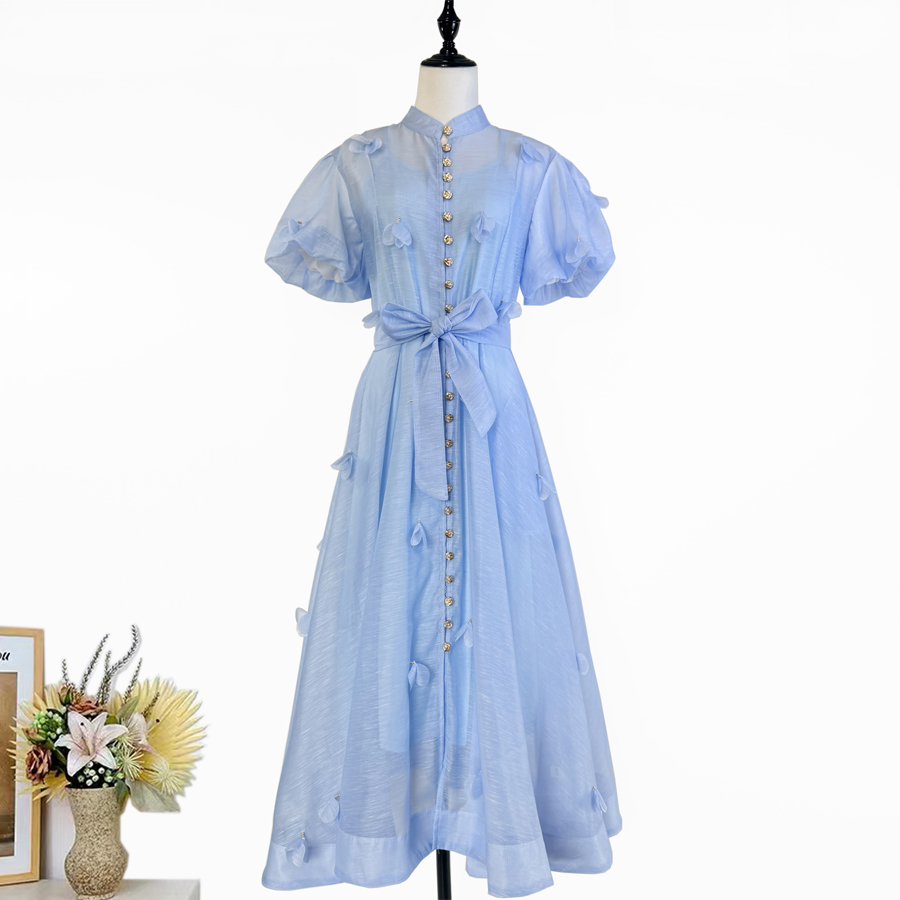 Real time shooting of French retro stand up collar bubble sleeves, heavy-duty three-dimensional flower decoration, mid length dress+suspender