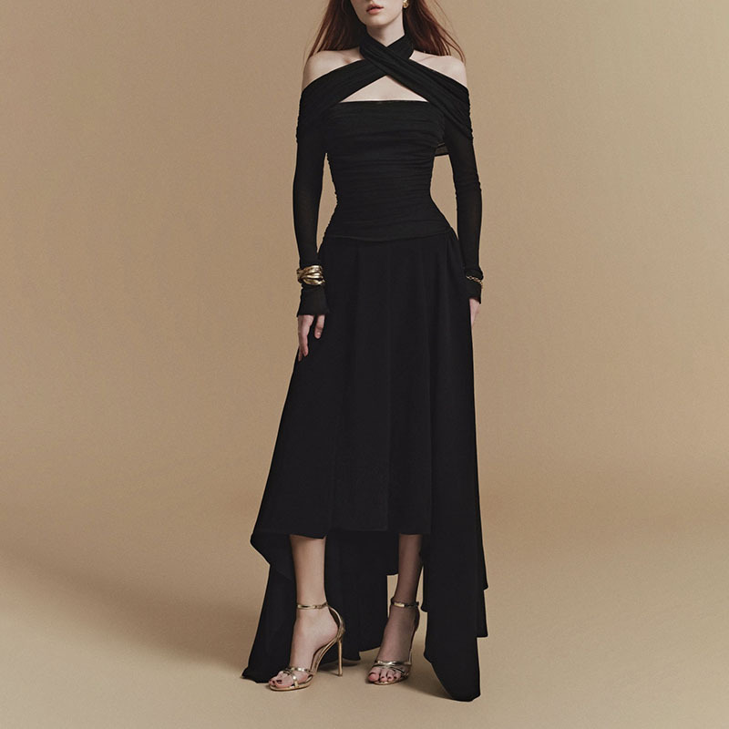 Light and mature style dress for autumn 2025, solid color design, cross hanging neck, irregular hem, long skirt for women