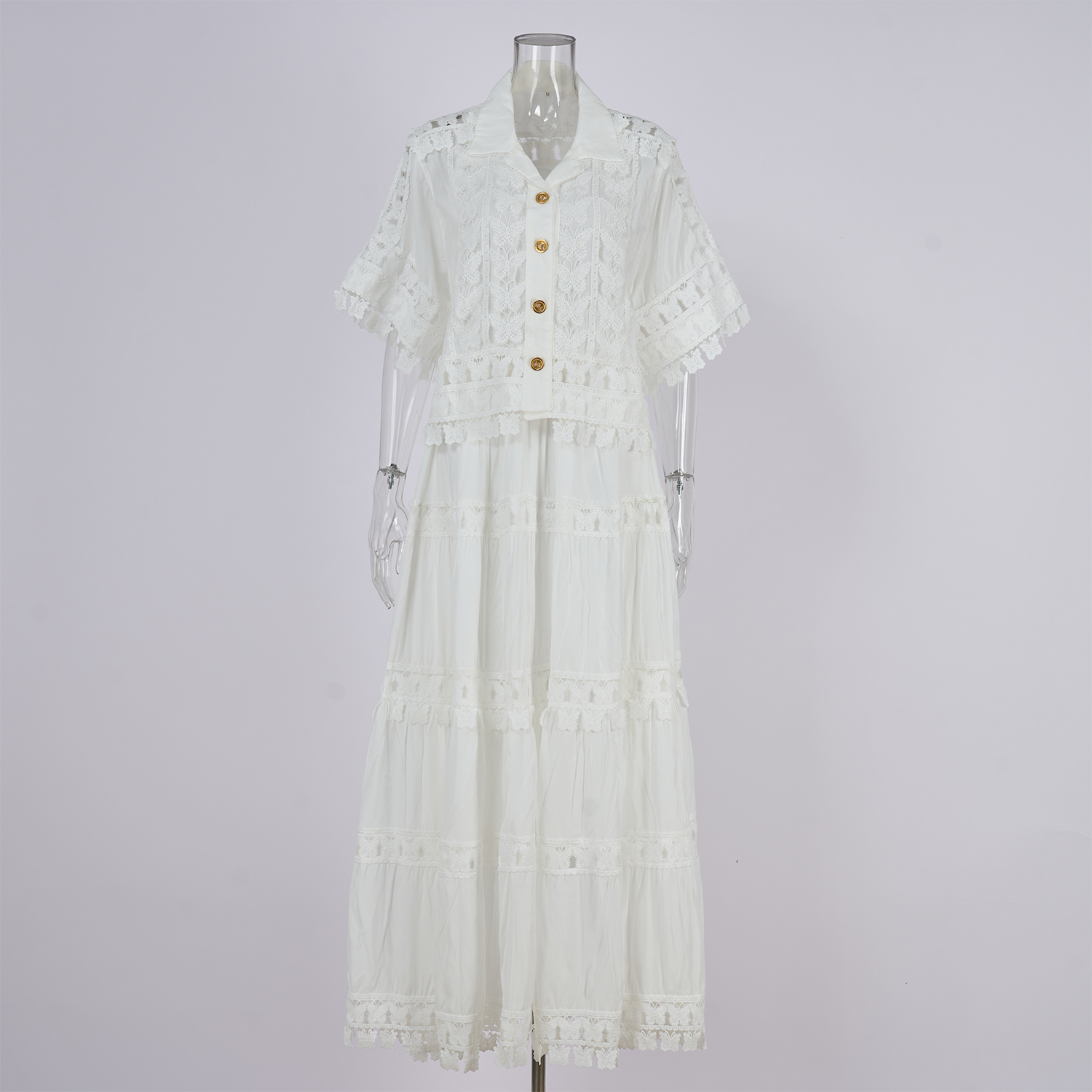 Real shot French retro summer new style lapel embroidered lace long shirt+skirt set for women Real shot French retro summer new style lapel embroidered lace long shirt+skirt set for women