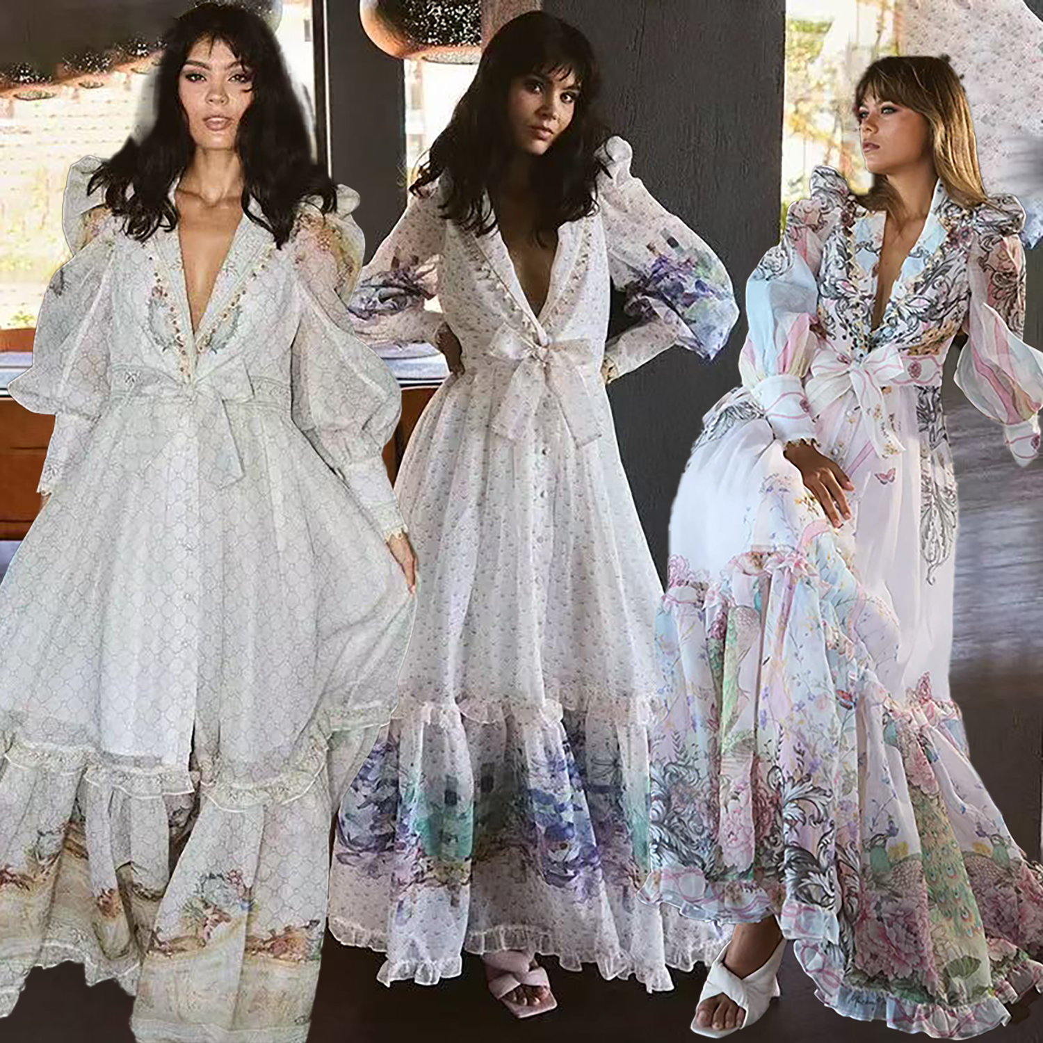 New retro palace style slim fit long dress with 2025V collar, shoulder print, tie up, waist cinching, long sleeved A-line skirt