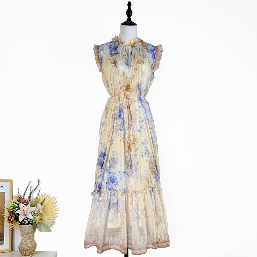 Real shot of a niche Australian Z family's lilac purple lace up waist, sleeveless flowing silk crepe dress, long skirt