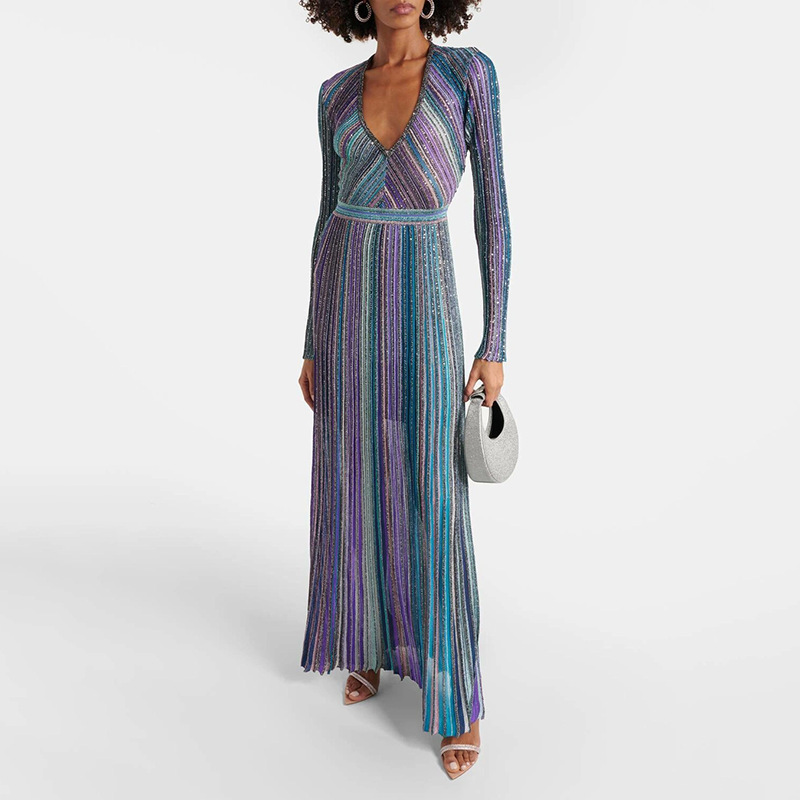 Elegant Knitted Dress for Women in Autumn 2025, Colorful Stripe, Low Neck, High Waist, Slim and Long Dress