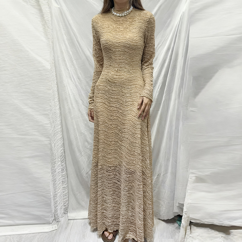 French gentle and pure desire wind mesh dress 2025 autumn new style temperament round neck long sleeved slim fit long skirt for women