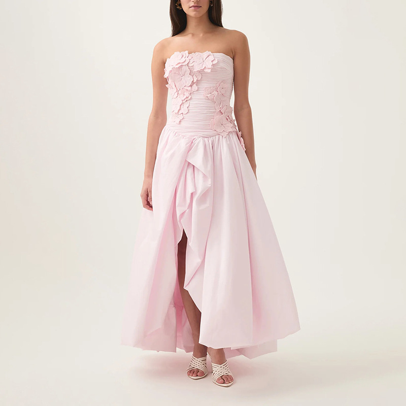 Sexy European and American style fashionable slit dress 2025 new three-dimensional flower collage design one shoulder long skirt summer