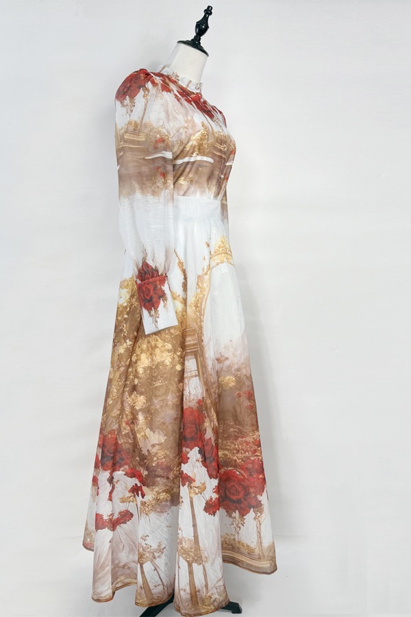 Real shot of Australia's new retro oil painting printed bubble sleeve shirt+semi elastic waist oversized skirt set skirt length Real shot of Australia's new retro oil painting printed bubble sleeve shirt+semi elastic waist oversized skirt set skirt length