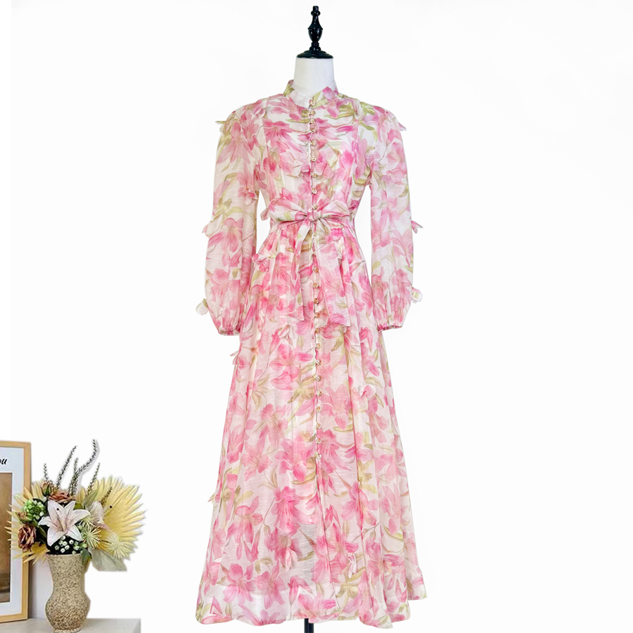 Real shot of European and American retro printed single breasted three-dimensional flower long dress, elegant party dress, long skirt