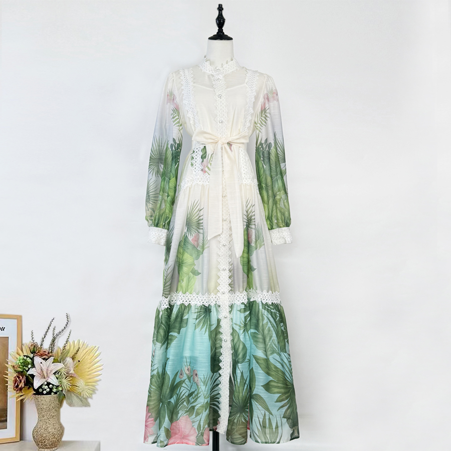 Real shot of elegant European and American foreign trade, heavy industry lace lace, retro lantern sleeves, stand up collar printed lace up dress, long skirt